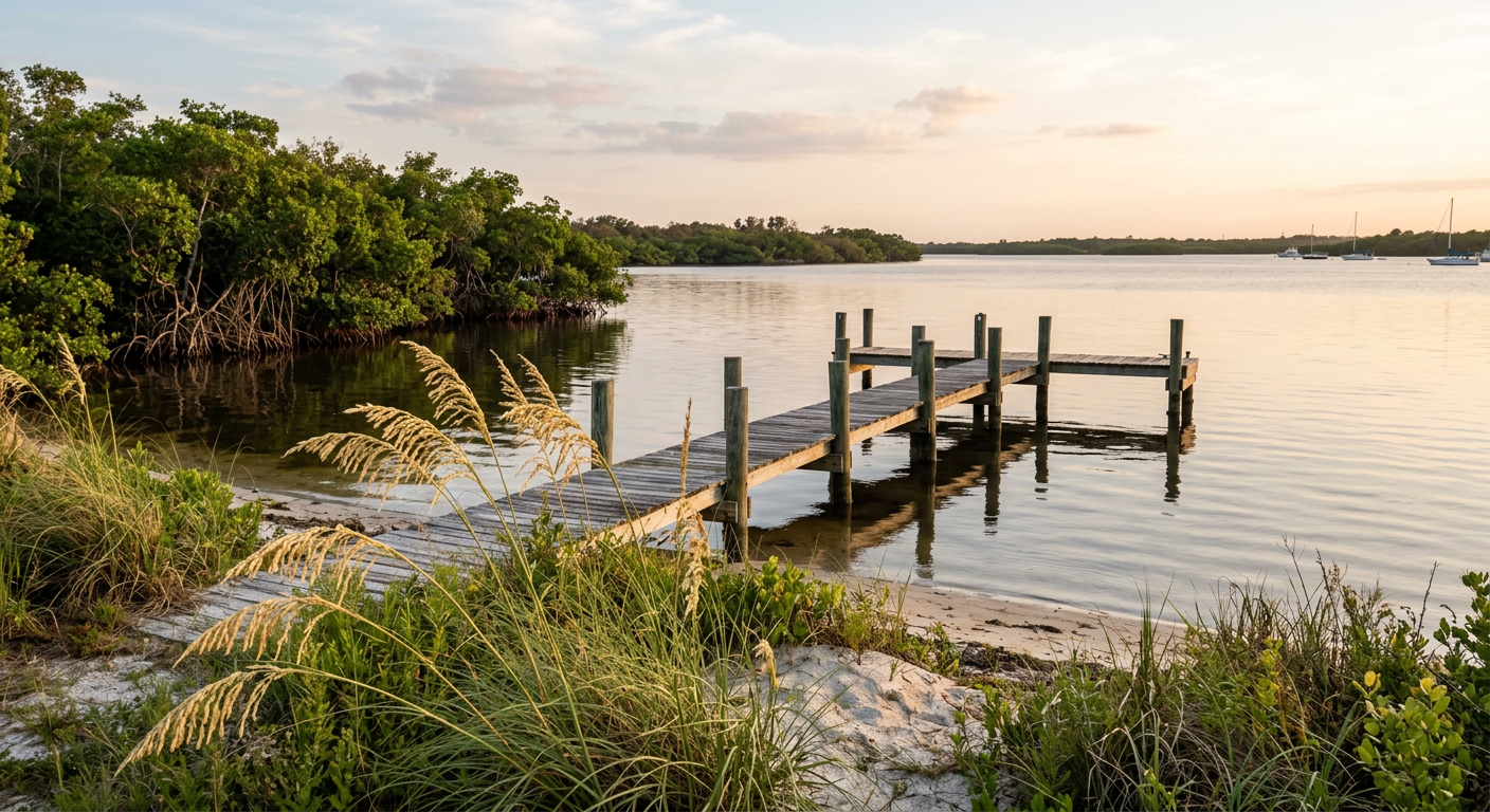 Mangroves and a wooden dock along the Indian River Lagoon