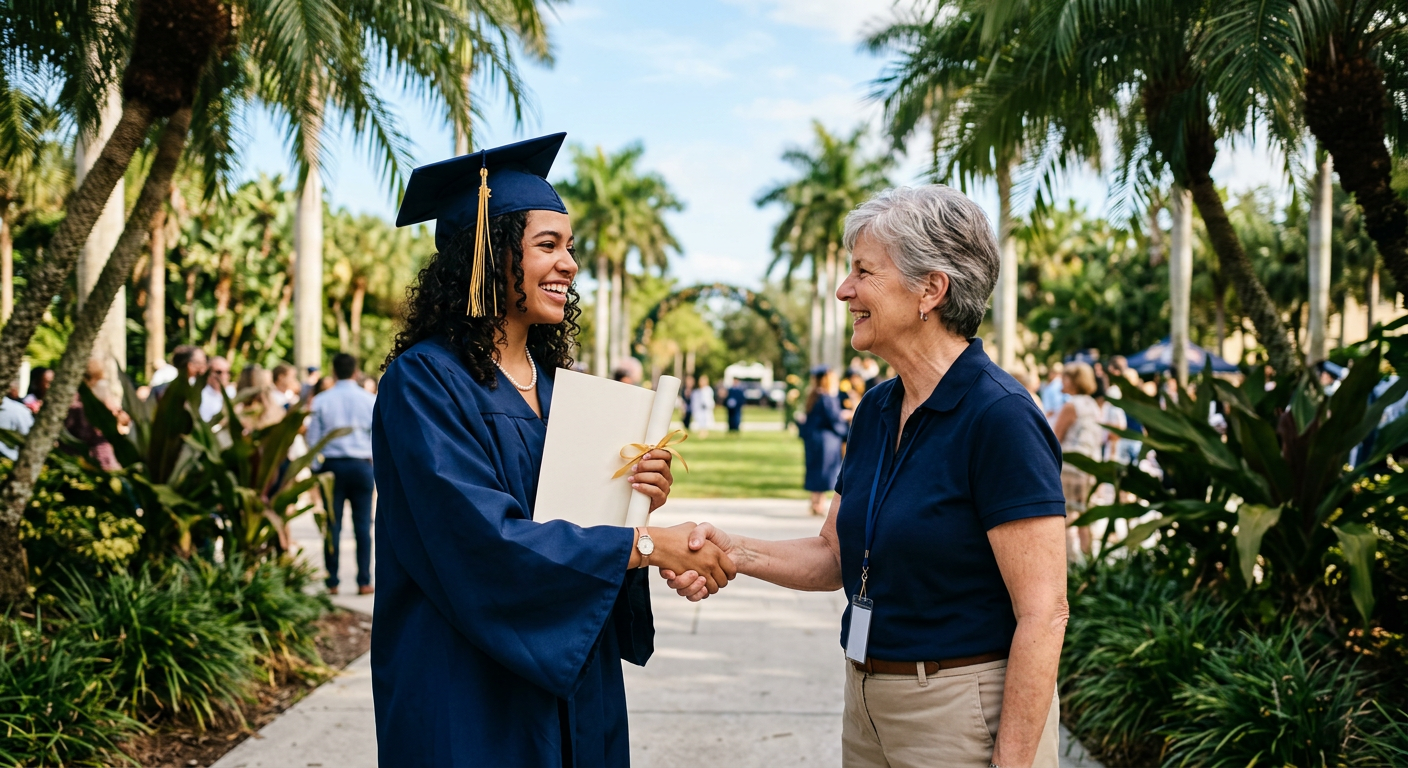 A local graduate receiving a scholarship from a foundation volunteer